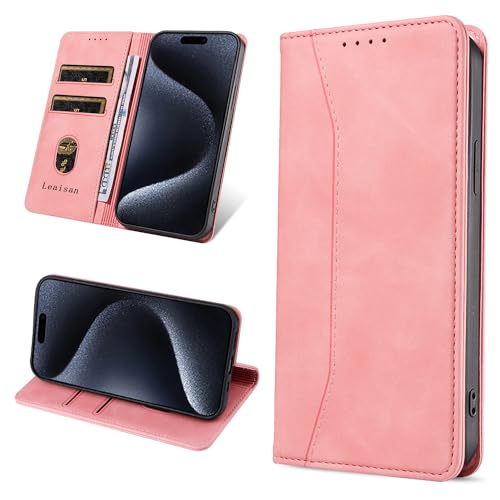 Leaisan Handyhülle für iPhone 15 Pro Hülle Premium Leder Flip Klappbare Stoßfeste Magnetische [Standfunktion] [Kartenfächern] Schutzhülle für iPhone 15 Pro 5G (6,1 Zoll) Tasche - Rose Gold von Leaisan