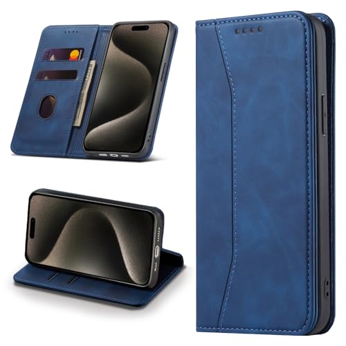 Leaisan Handyhülle für iPhone 15 Pro Max Hülle Premium Leder Flip Klappbare Stoßfeste Magnetische [Standfunktion] [Kartenfächern] Schutzhülle für iPhone 15 Pro Max 5G (6,7 Zoll) Tasche - Blau von Leaisan