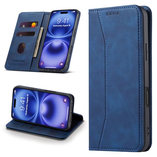 Leaisan Handyhülle für iPhone 16 Hülle Premium Leder Flip Klappbare Stoßfeste Magnetische [Standfunktion] [Kartenfächern] Schutzhülle für iPhone 16 Tasche - Blau von Leaisan