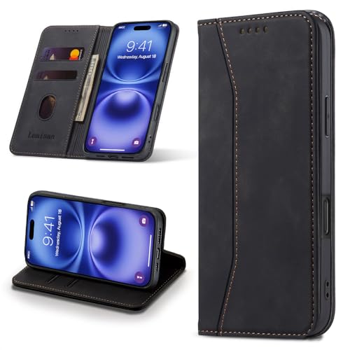 Leaisan Handyhülle für iPhone 16 Hülle Premium Leder Flip Klappbare Stoßfeste Magnetische [Standfunktion] [Kartenfächern] Schutzhülle für iPhone 16 Tasche - Schwarz von Leaisan