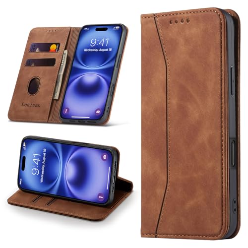 Leaisan Handyhülle für iPhone 16 Plus Hülle Premium Leder Flip Klappbare Stoßfeste Magnetische [Standfunktion] [Kartenfächern] Schutzhülle für iPhone 16 Plus Tasche - Braun von Leaisan