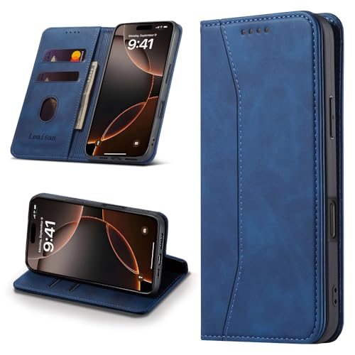 Leaisan Handyhülle für iPhone 16 Pro Hülle Premium Leder Flip Klappbare Stoßfeste Magnetische [Standfunktion] [Kartenfächern] Schutzhülle für iPhone 16 Pro Tasche - Blau von Leaisan