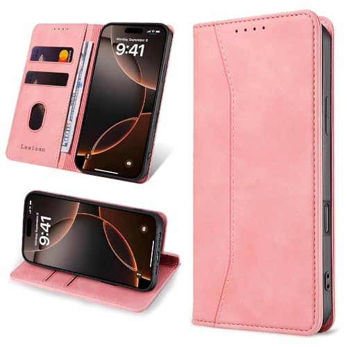 Leaisan Handyhülle für iPhone 16 Pro Hülle Premium Leder Flip Klappbare Stoßfeste Magnetische [Standfunktion] [Kartenfächern] Schutzhülle für iPhone 16 Pro Tasche - Rose Gold von Leaisan