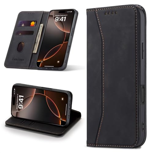 Leaisan Handyhülle für iPhone 16 Pro Hülle Premium Leder Flip Klappbare Stoßfeste Magnetische [Standfunktion] [Kartenfächern] Schutzhülle für iPhone 16 Pro Tasche - Schwarz von Leaisan