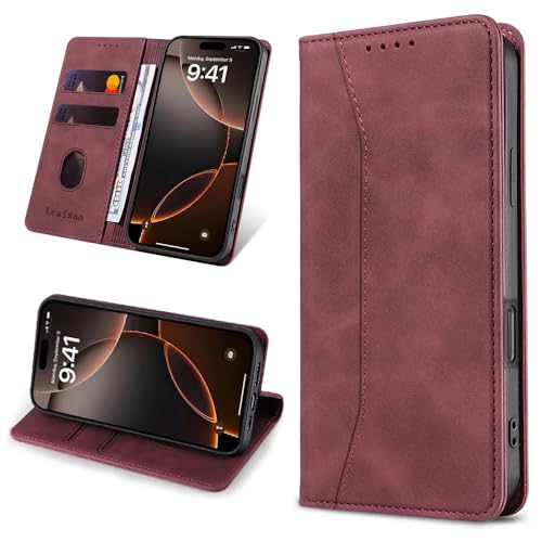 Leaisan Handyhülle für iPhone 16 Pro Hülle Premium Leder Flip Klappbare Stoßfeste Magnetische [Standfunktion] [Kartenfächern] Schutzhülle für iPhone 16 Pro Tasche - Wein Rot von Leaisan