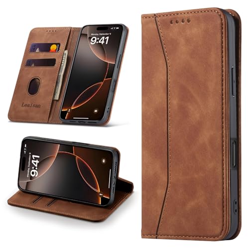 Leaisan Handyhülle für iPhone 16 Pro Max Hülle Premium Leder Flip Klapphülle Stoßfeste Magnetische [Standfunktion] [Kartenfächern] Schutzhülle für iPhone 16 Pro Max Tasche - Braun von Leaisan