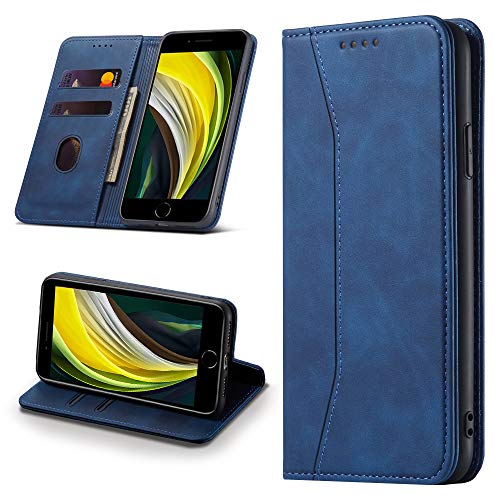 Leaisan Handyhülle für iPhone SE 2022/iPhone SE 2020 Hülle, iPhone 8/iPhone 7 Hülle, Premium Leder Flip Klappbare Stoßfeste Magnetische [Standfunktion] [Kartenfächern] Schutzhülle Tasche - Blau von Leaisan