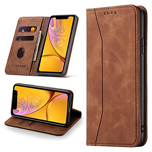 Leaisan Handyhülle für iPhone XR Hülle Premium Leder Flip Klappbare Stoßfeste Magnetische [Standfunktion] [Kartenfächern] Schutzhülle für iPhone XR Tasche - Braun von Leaisan