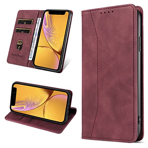 Leaisan Handyhülle für iPhone XR Hülle Premium Leder Flip Klappbare Stoßfeste Magnetische [Standfunktion] [Kartenfächern] Schutzhülle für iPhone XR Tasche - Wein Rot von Leaisan