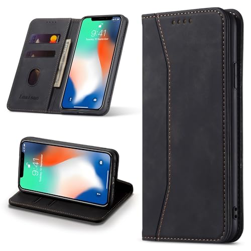 Leaisan Handyhülle für iPhone XS/X Hülle Premium Leder Flip Klappbare Stoßfeste Magnetische [Standfunktion] [Kartenfächern] Schutzhülle für iPhone XS/X 5,8 Zoll Tasche - Schwarz von Leaisan