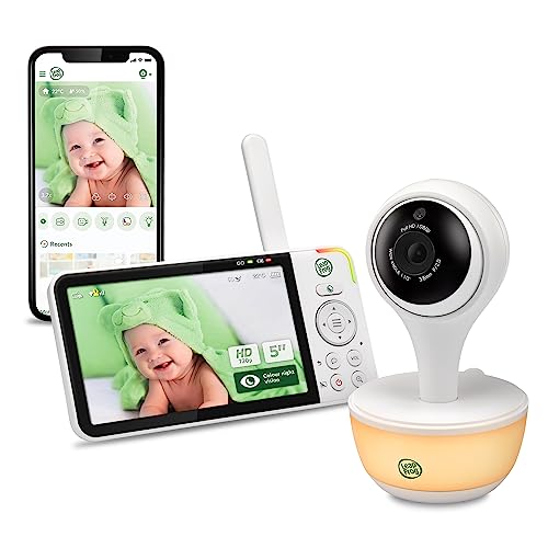 LeapFrog LF815HD smartes Video-Babyphone mit 5-Zoll HD-Farbdisplay, WLAN, Temperatur/Feuchtigkeitssensor, Weitwinkelobjektiv, farbiges Nachtlicht, 8-Fach Zoom, App-Funktion, Wandmontage, Weiss von LeapFrog