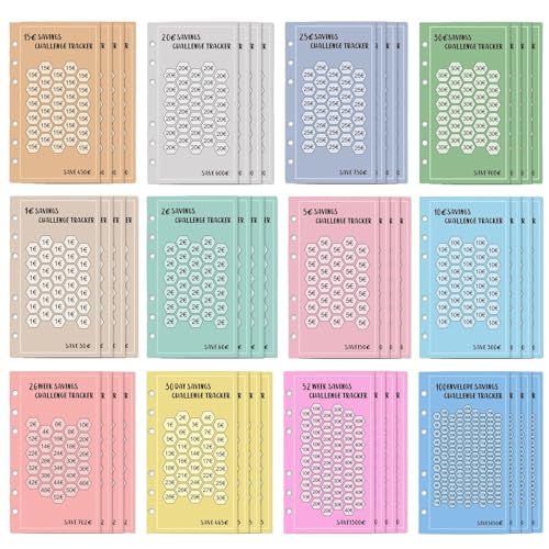 Geldspar-Challenge-Einlagen,100 Umschläge Geldspar-Challenge-Einlagen - Sparbuch-Tracker im A6-Format - Money Tracker Budgetplaner 48 Stück für 6-Ring-Budgetordner, Sparordner-Zubehör von LearnLyrics