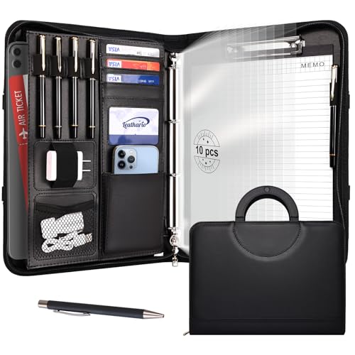 Leathario A4 Konferenzmappe, Schreibmappe mit Ringbuch,5-teilig Trennblätter ,Reißverschluss,Rin Portfolio, Aktenmappe Mappe Schreibblock Schwarz Leathario A4 Konferenzmappe, Schreibmappe mit Ringbuch,5-teilig Trennblätter ,Reißverschluss,Rin Portfolio, Aktenmappe Mappe Schreibblock Schwarz von Leathario