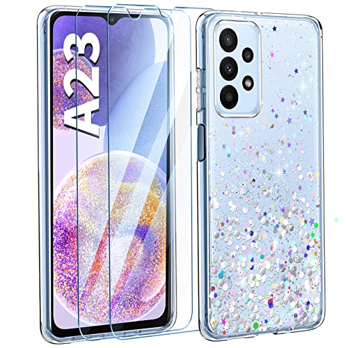 Leathlux Hülle Kompatibel mit Samsung Galaxy A23 5G, Glitzer Silikon Handyhülle + 2 Stück Schutzfolie, Transparent Pailletten Kratzfest hülle Weich TPU Stoßfeste Schutzhülle von Leathlux