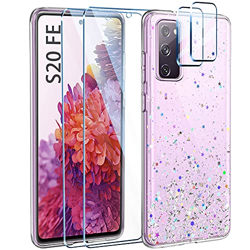 Leathlux Hülle für Samsung Galaxy S20 FE 5G+2 Stk Panzerglas+2 Stk Kamera Panzerglas,Handyhülle Transparent Pailletten Glitzer ​Weich ​TPU Silikon Ultra Dünn Stoßfeste Fallschutz Schutzhülle von Leathlux