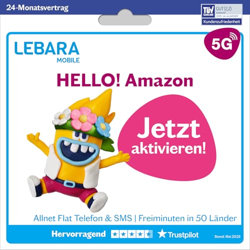 LEBARA Handytarif Hello! Amazon | 60 GB Datenvolumen | 9,99€ mtl. | 5G mit bis zu 50 Mbit/s | Allnet-Flat Telefonie & SMS Deutschland inkl. EU-Roaming | 200 Auslandsminuten LEBARA Handytarif Hello! Amazon | 60 GB Datenvolumen | 9,99€ mtl. | 5G mit bis zu 50 Mbit/s | Allnet-Flat Telefonie & SMS Deutschland inkl. EU-Roaming | 200 Auslandsminuten von Lebara