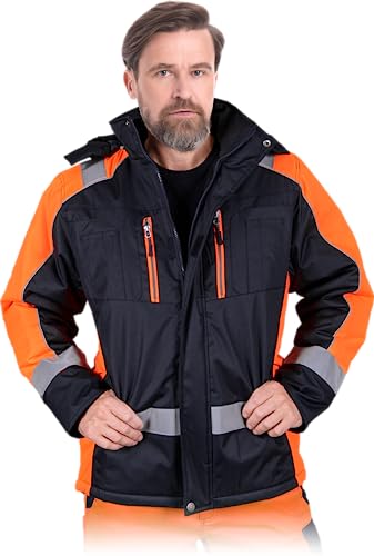 L. HOLLMAN ASKER Winterjacke, Arbeitjacke Herren, Schutzjacke mit PU-Beschichtung und Reflektorstreifen, Isoliert, Farbe: Marineblau-Orange, Größe: 2XL von Leber&Hollman