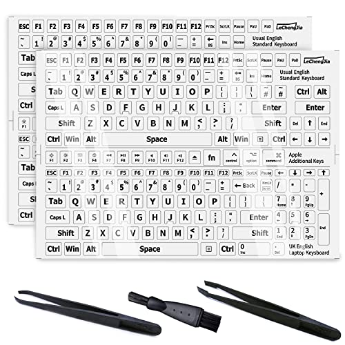 2Pcs Englischer Ersatz-Nicht transparente weiße Aufkleber mit schwarzen Buchstaben (glänzend), passend für Jede Standard-Tastatur, Laptop-Tastatur, Apfeltasten, mit Zwei Pinzette und Reinigungsbürste von Lechengjia