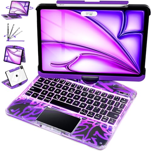 Lecsas iPad 11. (A16, 2025) und 10. Generation Hülle mit Tastatur, 360° drehbares Multi-Touch-Trackpad, 7-farbige RGB-Hintergrundbeleuchtung, transparente Rückseite, Stifthalter, Typ-C-Aufladung von Lecsas