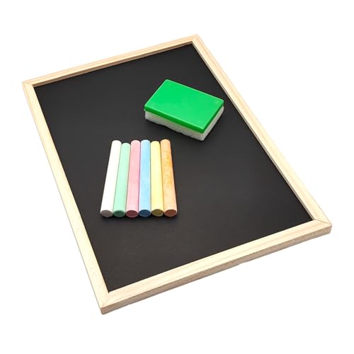 Set schwarze Tafel aus Holz 18 x 25 cm mit natürlichem Rahmen, 6 bunte Kreide und Webkante aus Schwamm - Perfekt für kreative Nachrichten, Zeichnungen und Lernspiele für Kinder und Erwachsene von Leddy Living
