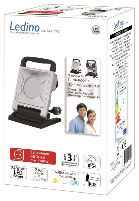 LEDINO Baustrahler Griesheim IP54 LED 24W 2100lm 6500K 2xSchuko von Ledino Deutschland GmbH