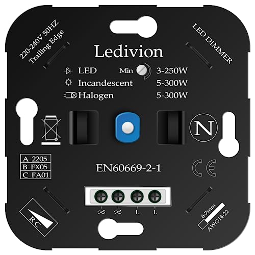 Ledivion LED Dimmer Schalter 230V, Unterputz LED Dimmer für LED Lampen 3-250W und Halogenlampen 5-300W, Phasenabschnitt Dimmschalter, Ohne Klemmkrallen, 1er Pack von Ledivion