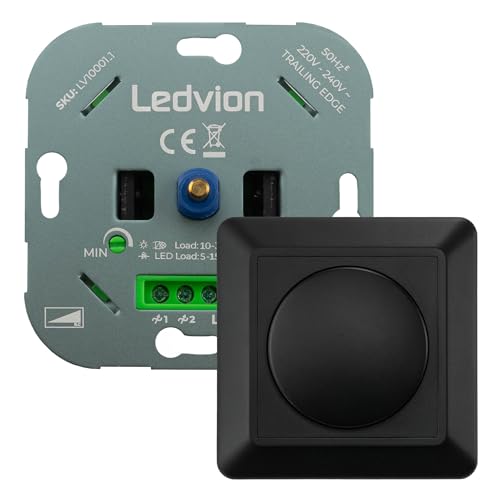 Ledvion LED Dimmer, 3-200 Watt, Universal, Lampe LED, Einbaudimmer, Dimmschalter, Inkl. Dimmer Abdeckplatte, Dimmer- Abdeckrahmen, Dimmer LED Lampen, Phasenabschnittsdimmer LED, Inkl. Adapter von Ledvion