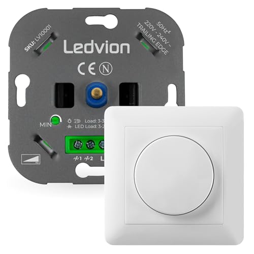 Ledvion LED Dimmer, 3-250 Watt, Universal, Lampe LED, Einbaudimmer, Dimmschalter, Inkl. Dimmer Abdeckplatte, Dimmer- Abdeckrahmen, Dimmer LED Lampen, Phasenabschnittsdimmer LED, Inkl. Adapter von Ledvion