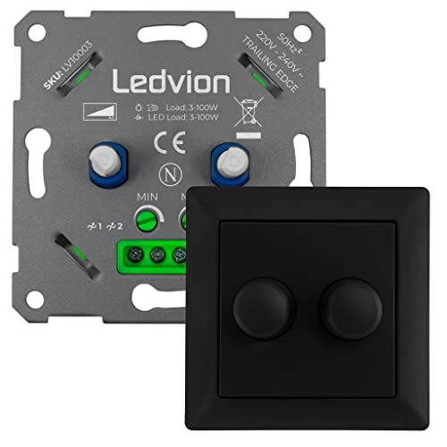 Ledvion LED Dimmer, Für Zwei3-100 Watt, Universal, Lampe LED, Einbaudimmer, Dimmschalter, Inkl. Dimmer Abdeckplatte, Dimmer- Abdeckrahmen, Dimmer LED Lampen, Phasenabschnittsdimmer LED, Inkl. Adapter von Ledvion