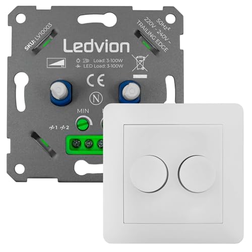 Ledvion - LED Dimmer + Abdeckplatte für Zwei 3-100 Watt, Universal, Lampe LED, Einbaudimmer, Dimmschalter, Dimmer LED Lampen, Phasenabschnittsdimmer LED, Inkl. Adapter Ledvion - LED Dimmer + Abdeckplatte für Zwei 3-100 Watt, Universal, Lampe LED, Einbaudimmer, Dimmschalter, Dimmer LED Lampen, Phasenabschnittsdimmer LED, Inkl. Adapter von Ledvion