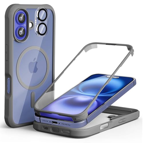 Leedia 360 Grad Hülle Kompatibel mit Magsafe iPhone 16 Hülle + 2 Kameraschutz Ganzkörper Eingebauter Glas Displayschutzfolie iPhone 16 Schutzhülle Transparent Clear Handyhülle für iPhone 16 6.1" Grau von Leedia