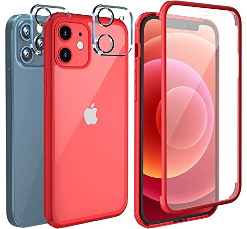 Leedia 360 Grad Handyhülle Kompatibel mit iPhone 12 Hülle + 2 Kameraschutz Ganzkörper Eingebauter Glas Displayschutzfolie Schutzhülle Transparent Clear Case für iPhone 12 Pro / 12 6.1" Rot von Leedia