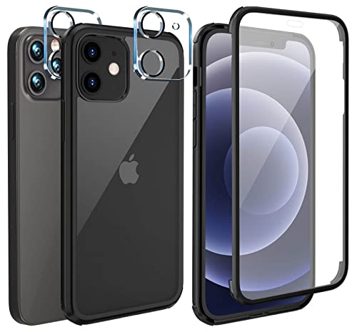 Leedia 360 Grad Hülle Kompatibel mit iPhone 12 Hülle + 2 Kameraschutz Ganzkörper Eingebauter Glas Displayschutzfolie Schutzhülle Transparent Clear Handyhülle für iPhone 12 Pro / 12 6.1" Schwarz von Leedia