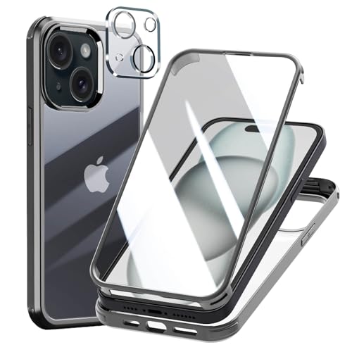 Leedia 360 Grad Hülle Kompatibel mit iPhone 15 Hülle + 2 Kameraschutz Ganzkörper Eingebauter Glas Displayschutzfolie iPhone 15 Schutzhülle Transparent Clear Handyhülle für iPhone 15 6.1" Grau von Leedia