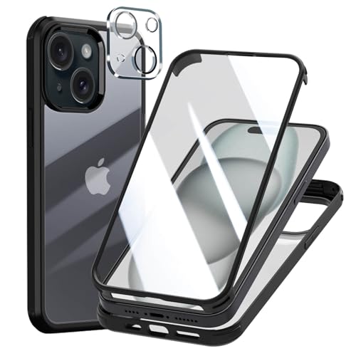 Leedia 360 Grad Hülle Kompatibel mit iPhone 15 Hülle + 2 Kameraschutz Ganzkörper Eingebauter Glas Displayschutzfolie iPhone 15 Schutzhülle Transparent Clear Handyhülle für iPhone 15 6.1" Schwarz von Leedia