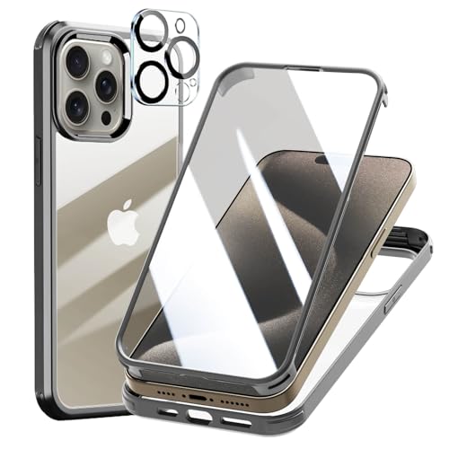 Leedia 360 Grad Hülle Kompatibel mit iPhone 15 Pro Hülle + 2 Kameraschutz Ganzkörper Eingebauter Glas Displayschutzfolie iPhone 15 Pro Schutzhülle Transparent Handyhülle für iPhone 15 Pro 6.1" Grau von Leedia