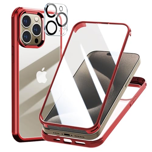 Leedia 360 Grad Hülle Kompatibel mit iPhone 15 Pro Hülle + 2 Kameraschutz Ganzkörper Eingebauter Glas Displayschutzfolie iPhone 15 Pro Schutzhülle Transparent Handyhülle für iPhone 15 Pro 6.1" Rot von Leedia