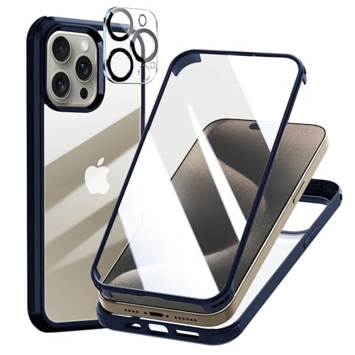 Leedia 360 Grad Schutzhülle Kompatibel mit iPhone 15 Pro Max Hülle + 2 Kameraschutz Ganzkörper Eingebauter Glas Displayschutzfolie iPhone 15 Pro Max Handyhülle für iPhone 15 Pro Max 6.7" Blau von Leedia