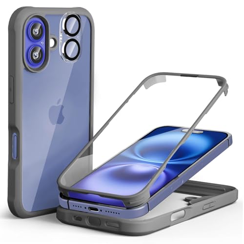 Leedia 360 Grad Schutzhülle Kompatibel mit iPhone 16 Plus Hülle + 2 Kameraschutz Ganzkörper Eingebauter Glas Displayschutzfolie iPhone 16 Plus Transparent Handyhülle für iPhone 16 Plus 6.7" Grau von Leedia
