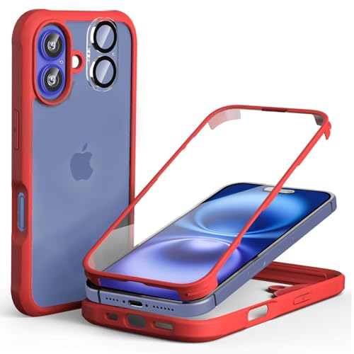 Leedia 360 Grad Schutzhülle Kompatibel mit iPhone 16 Plus Hülle + 2 Kameraschutz Ganzkörper Eingebauter Glas Displayschutzfolie Handyhülle für iPhone 16 Plus 6.7" Rot von Leedia