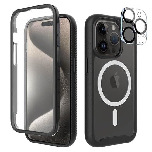 Leedia Handyhülle Kompatibel mit iPhone 15 Pro Max Magsafe Hülle 360 Grad mit Eingebautem Schutzfolie Kameraschutz Stoßfest Schutzhülle Case für iPhone 15 Pro Max 6,7" Schwarz von Leedia