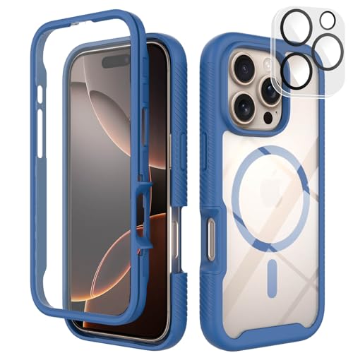 Leedia Handyhülle Kompatibel mit Magsafe iPhone 16 Pro Hülle 360 Grad mit Eingebautem Displayschutz Kameraschutz Stoßfest iPhone 16 Pro Schutzhülle Transparent Case für iPhone 16 Pro 6,3" Blau von Leedia
