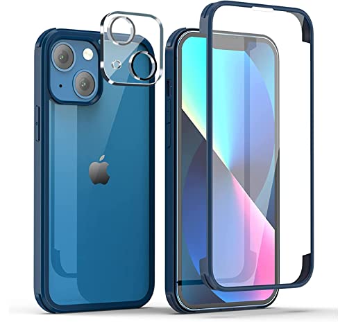 Leedia Kompatibel mit iPhone 13 Hülle + 2 Kameraschutz Ganzkörper Eingebauter Panzerglas Displayfolie 360 Grad iPhone 13 Schutzhülle Transparent Clear Handyhülle für iPhone 13 6.1" Blau von Leedia