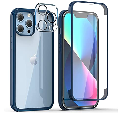 Leedia Kompatibel mit iPhone 13 Pro Hülle + 2 Kameraschutz Ganzkörper Eingebauter Panzerglas Displayfolie 360 Grad Handyhülle Transparent Clear Schutzhülle für iPhone 13 Pro 6.1" Blau von Leedia