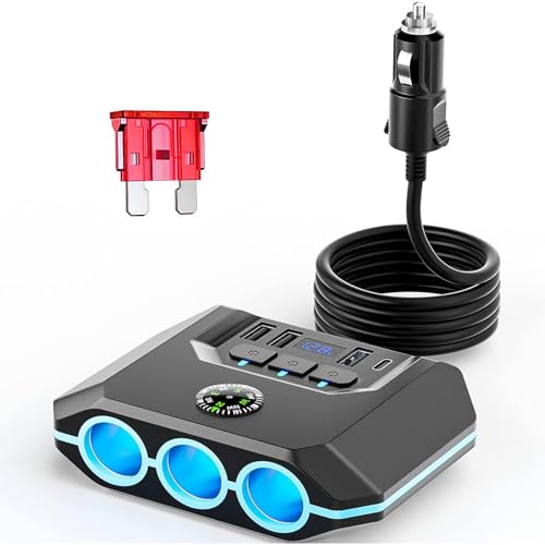 Leehitech 7 IN1 Zigarettenanzünder Verteiler, 120W Auto KFZ Adegerät mit 3 Fach 12V/24V Stecker und 4 USB Ports für iPhone 16/Dashcam/GPS/iPad von Leehitech