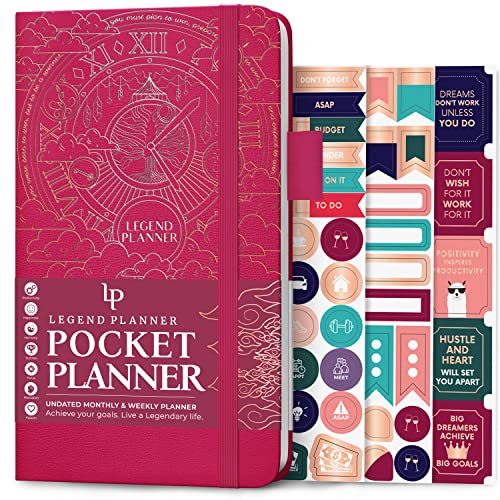 Legend Planner Pocket – Kleines Undatiertes Monats- und Wochenzieljournal und Kalender für Produktivität, Mini Life Organizer Planner, Perfekt für Handtasche, 9.5x16cm gebunden, Heißes Rosa von Legend Planner
