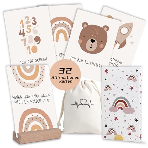 Legezon 32 Affirmationskarten für Kinder mit Buchenholz Ständer | Mut - Achtsamkeit - Selbstliebe - Ermutigung - Motivationskarten als Geschenk | 1 Pack à 16 Karten - DIN A6 (Regenbogenbär) von Legezon
