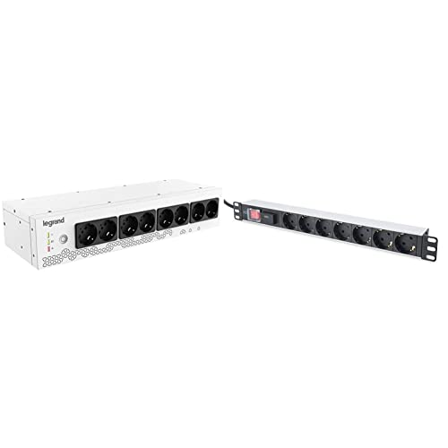 Legrand, 19" Rack PDU mit USV-Anlage, 800VA, 480W, 1-phasig, 230V mit 8-facher Schuko-Steckdosenleiste für 19-Zoll Racks oder Netzverteilerschränken & DIGITUS 19" Steckdosenleiste - 7 Abgriffe von Legrand