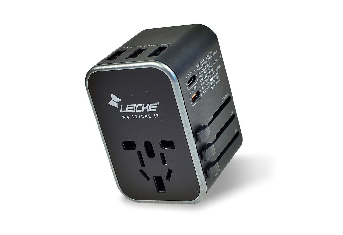 Leicke Reiseadapter internationaler Reisestecker AC Steckdosenadapter 6,5 A Universal-Netzteil (3 USB A Anschlüsse und 2 Typ C für mehr als 224 Länder mit US/EU/UK) von Leicke