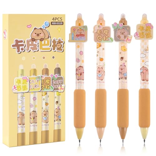 Kawaii Capybara radierbarer Kugelschreiber, 0,5 mm, radierbare Geltinte, einziehbar und ergonomisch, für Erwachsene, Kinder, Büro, Schulbedarf, 4 Stück von Leikedun